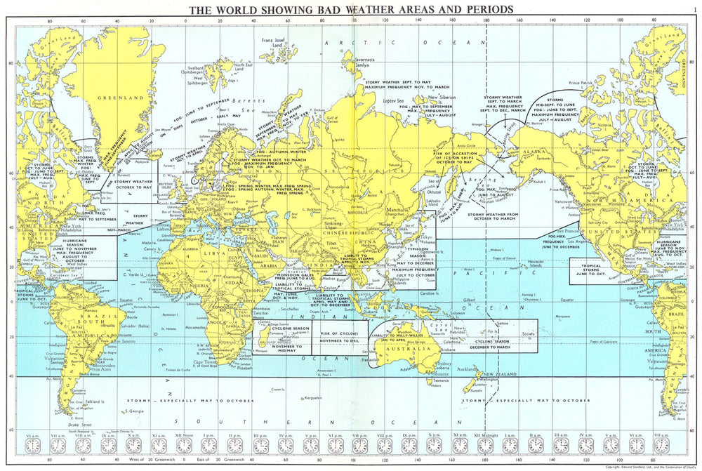 LLOYDS MARITIME MAP. World showing bad weather areas & periods 1971 old
