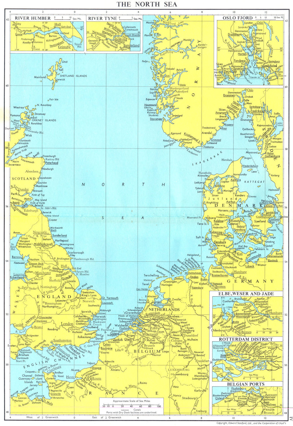 N SEA. Tyne Humber Oslo Fjord Elbe Weser Jade Rotterdam Belgian ports 1971 map