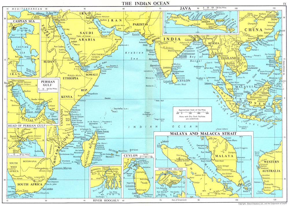 INDIAN OCEAN. Persian Sri Lanka Hooghly Singapore Malay Malacca Java 1971 map