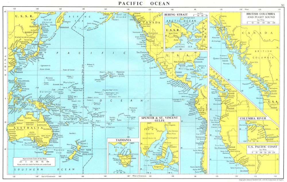 PACIFIC.Spencer S Vincent Tasmania Bering British Columbia Puget river 1971 map