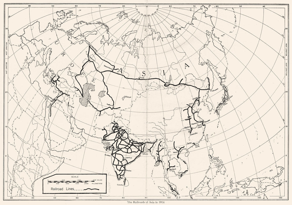ASIA. The Railroads of Asia in 1914 1948 old vintage map plan chart