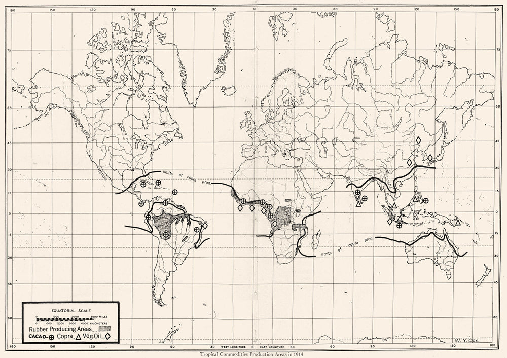 WORLD. Tropical Commodities Production areas in 1914 1948 old vintage map