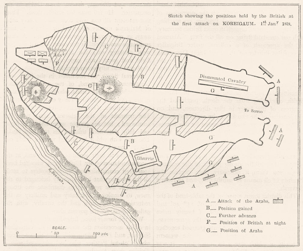 INDIA. Plan British positions at 1st attack on Koreigaum c1880 old antique map