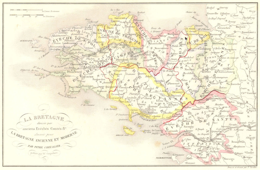 BRETAGNE. Divisee par Anciens Eveches Comtes; Ancient Bishoprics 1844 old map
