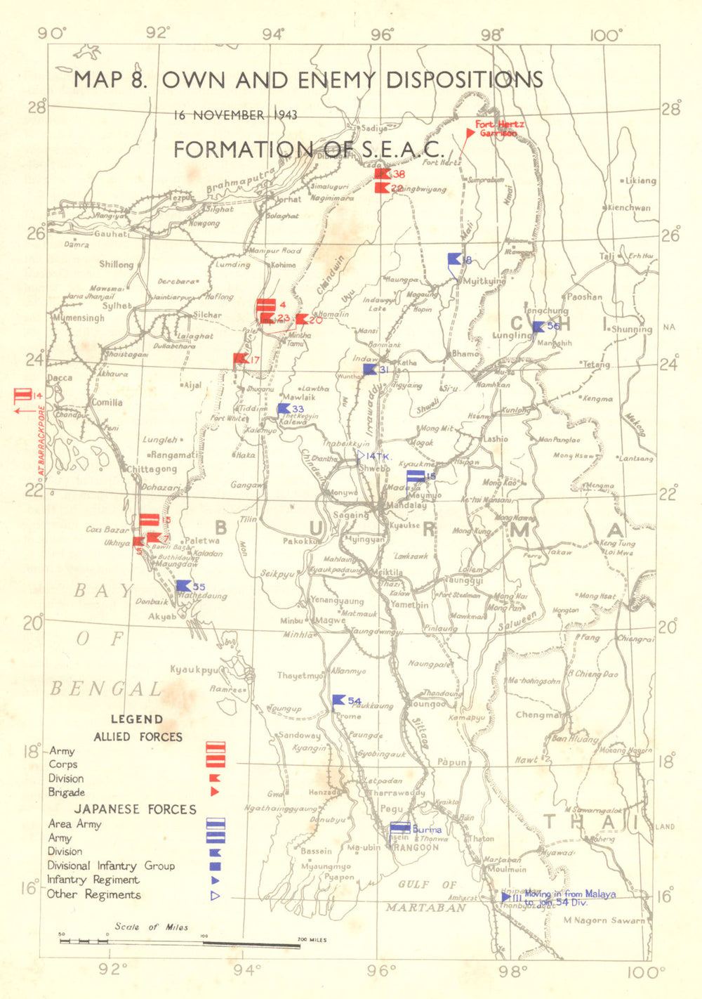 ASIA. Oct, 1943, to Feb, 1944. Own & Enemy positions formation of SEAC 1951 map