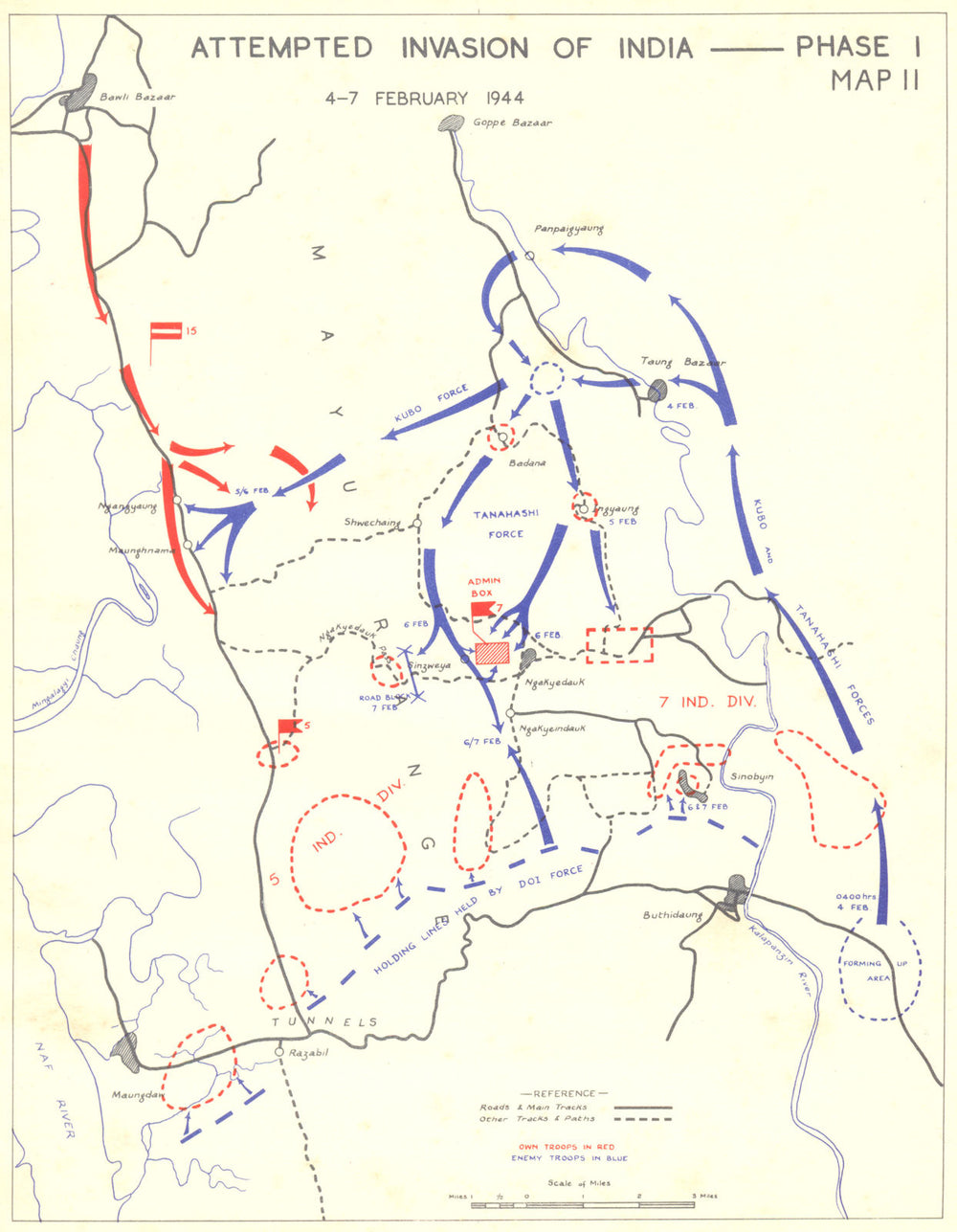 INDIA. Feb & March, 1944. Attempted Invasion of-Phase I 1951 old vintage map