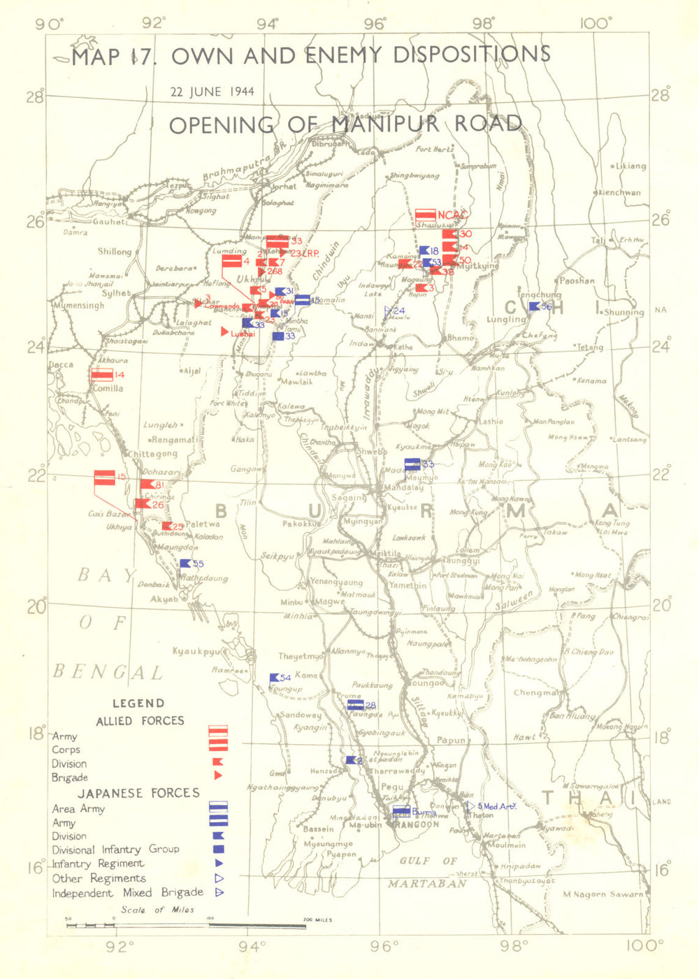 MANIPUR. Apr to June, 1944. Own & Enemy positions opening of Road-22nd 1951 map