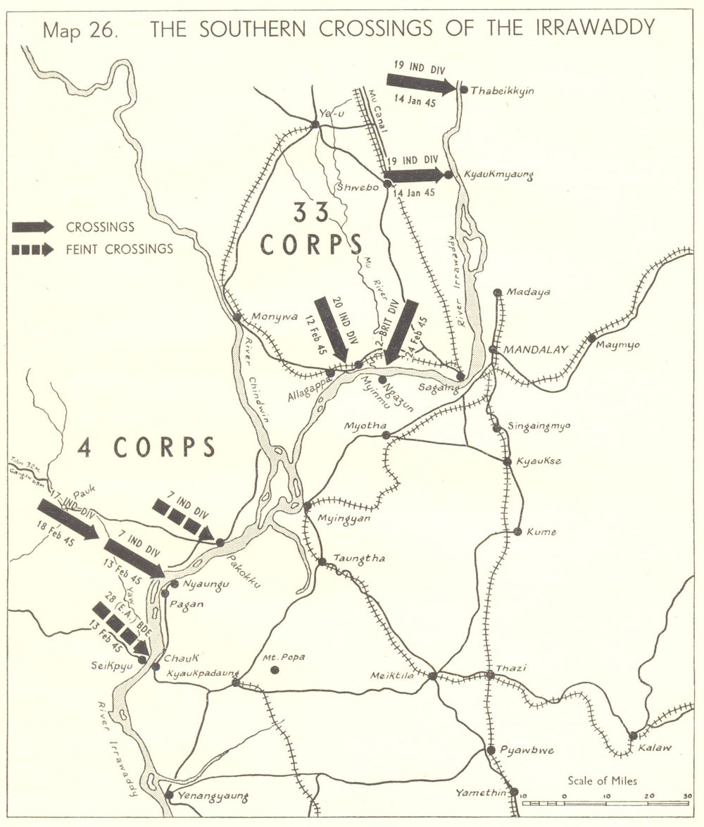 BURMA. Dec, 1944 & Jan, 1945. Southern crossings of Irrawaddy 1951 old map