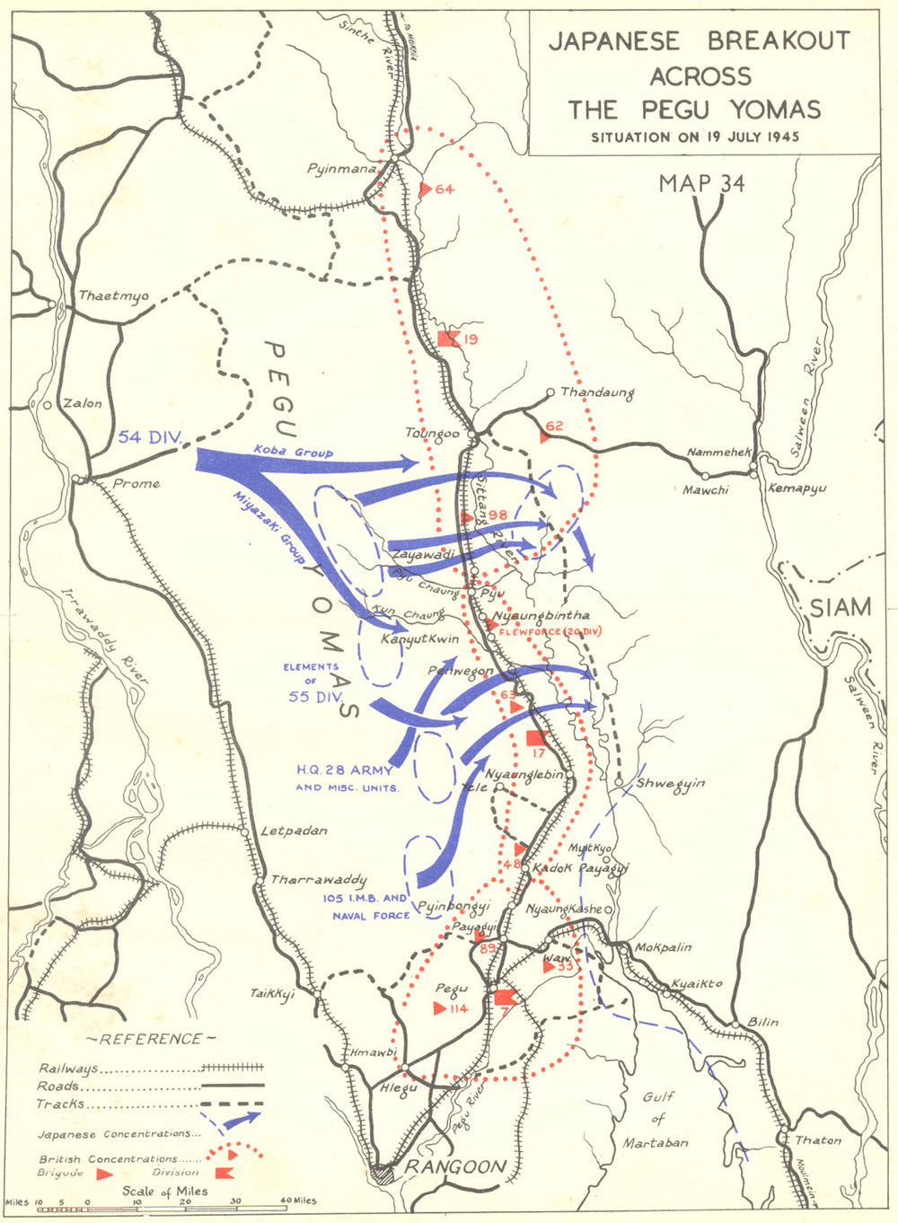BURMA. May to Sep, 1945. Japanese Breakout across Pegu Yomas 1951 old map