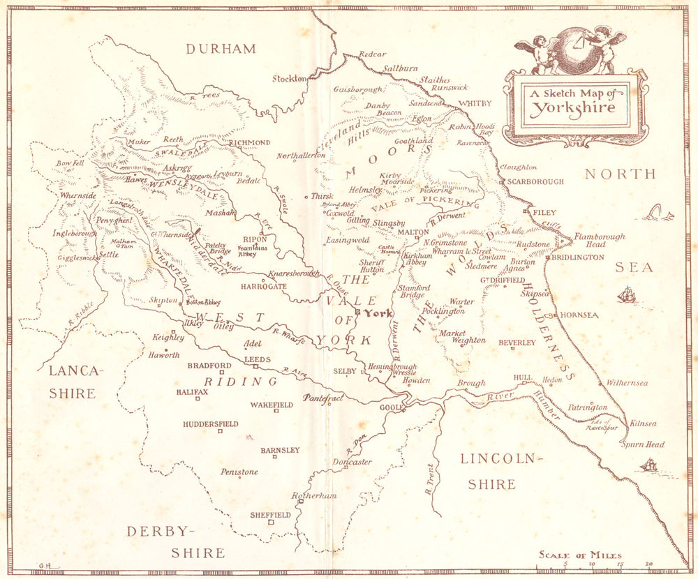 YORKS. A sketch map of Yorkshire 1908 old antique vintage plan chart