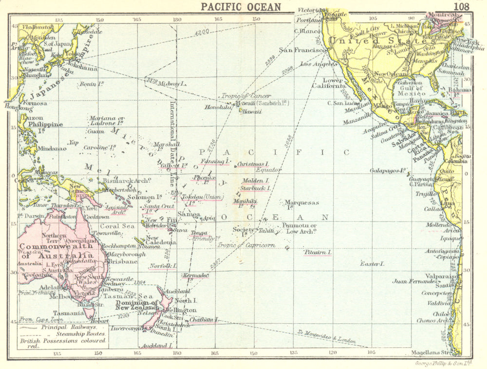 Pacfuic Map PACIFIC. Pacific Ocean; Small map 1912 old antique vintage plan chart ...