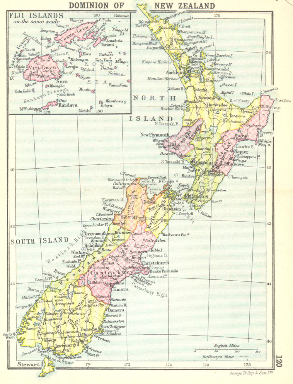 NEW ZEALAND. Dominion of. Inset map Fiji Islands; Small map 1912 old