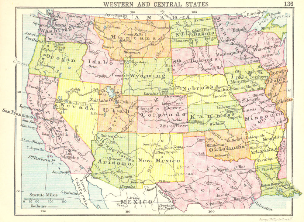 USA. Western and Central States; Small map 1912 old antique plan chart
