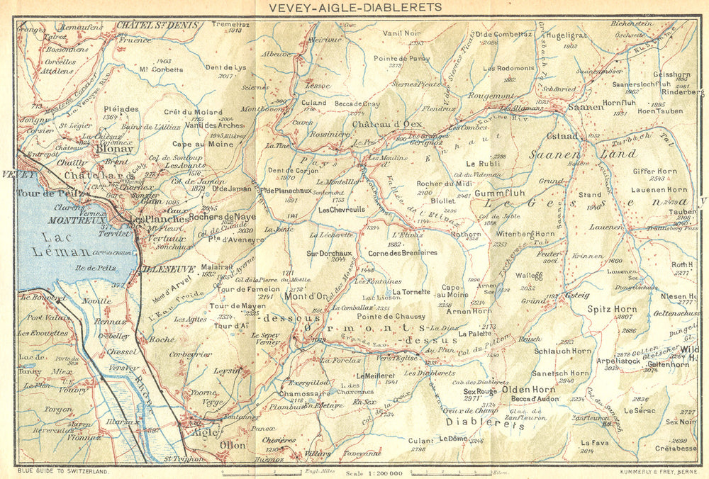SWITZERLAND. Vevey-Aigle-Diablerets 1930 old vintage map plan chart