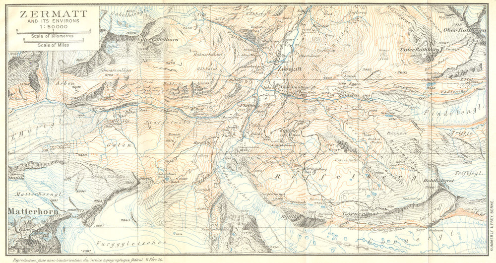 SWITZERLAND. Zermatt 1930 old vintage map plan chart