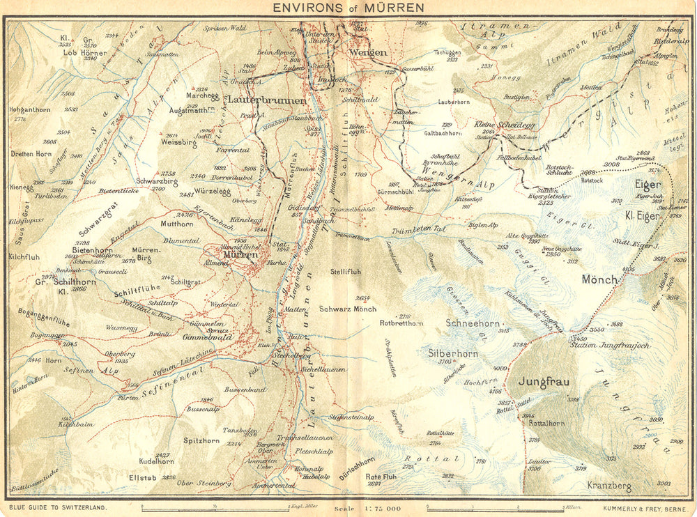 SWITZERLAND. Environs of Murren 1930 old vintage map plan chart