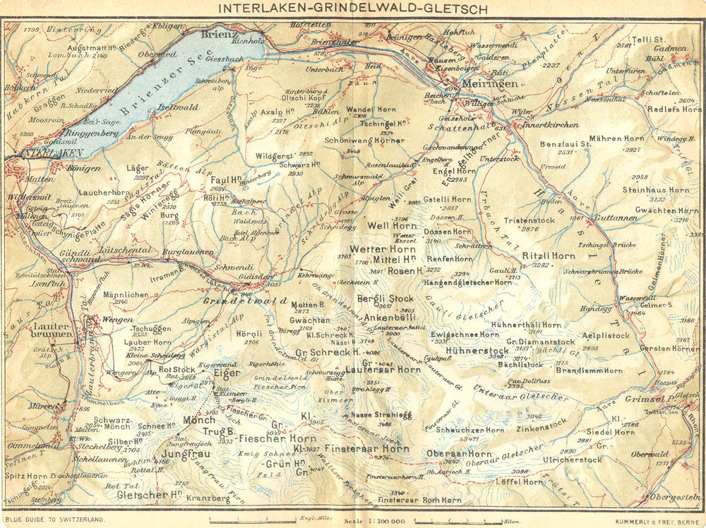 SWITZERLAND. Interlaken-Grindelwald-Gletsch 1930 old vintage map plan chart
