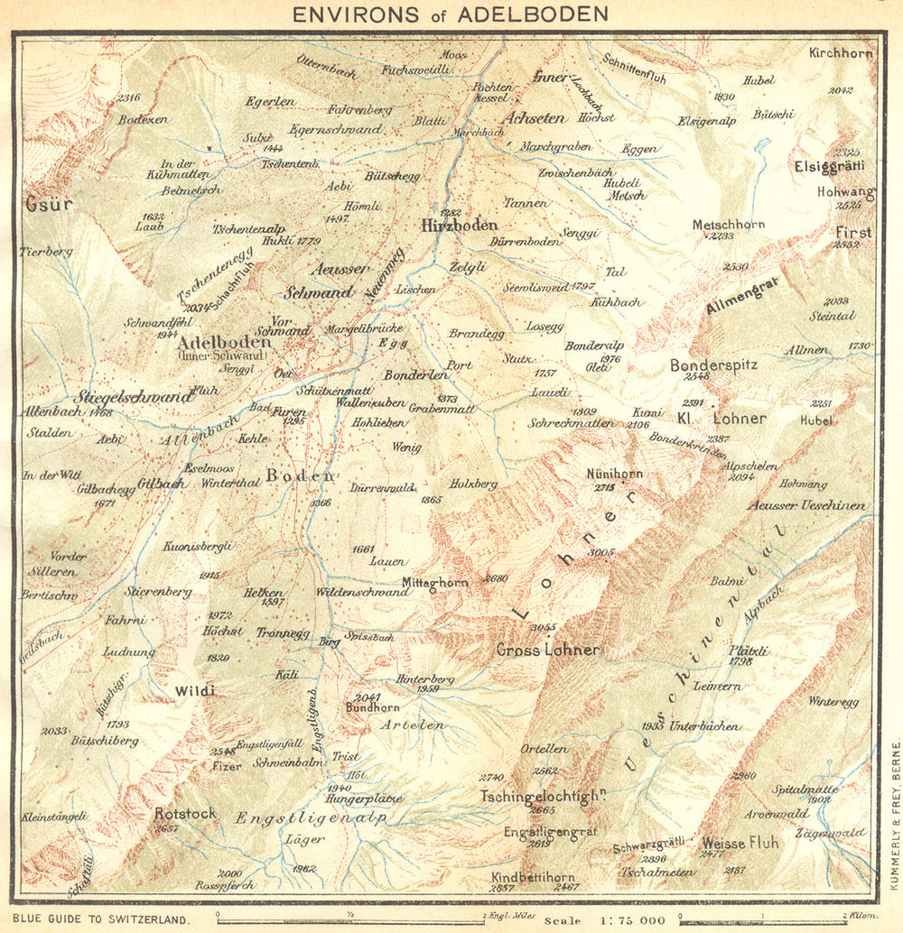 SWITZERLAND. Environs of Adelboden 1930 old vintage map plan chart
