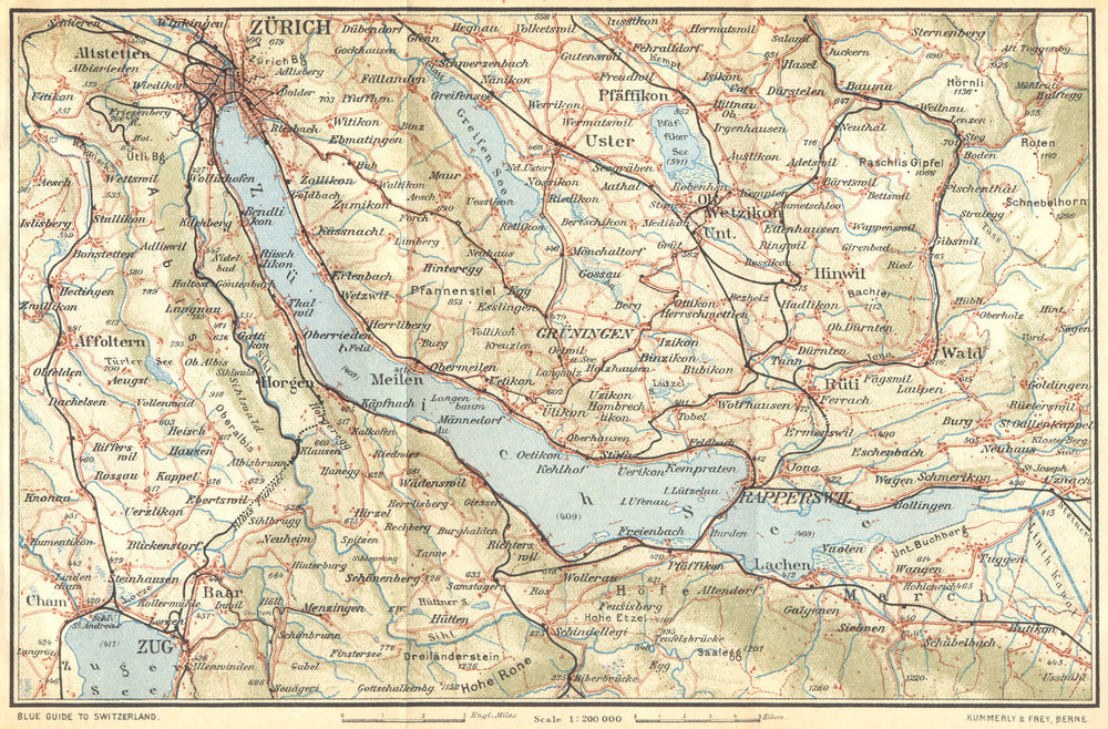 SWITZERLAND. Lake of Zurich 1930 old vintage map plan chart