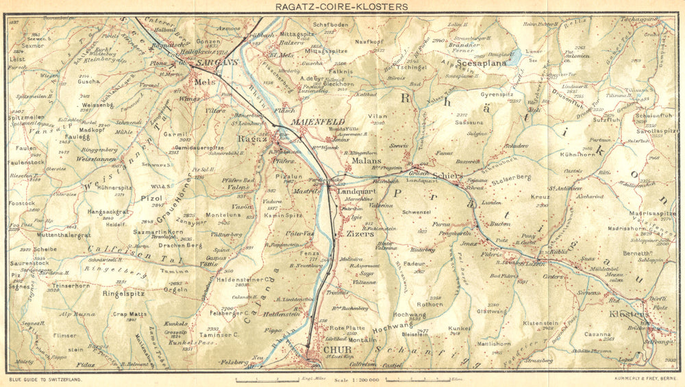 SWITZERLAND. Ragatz-Coire-Klosters 1930 old vintage map plan chart