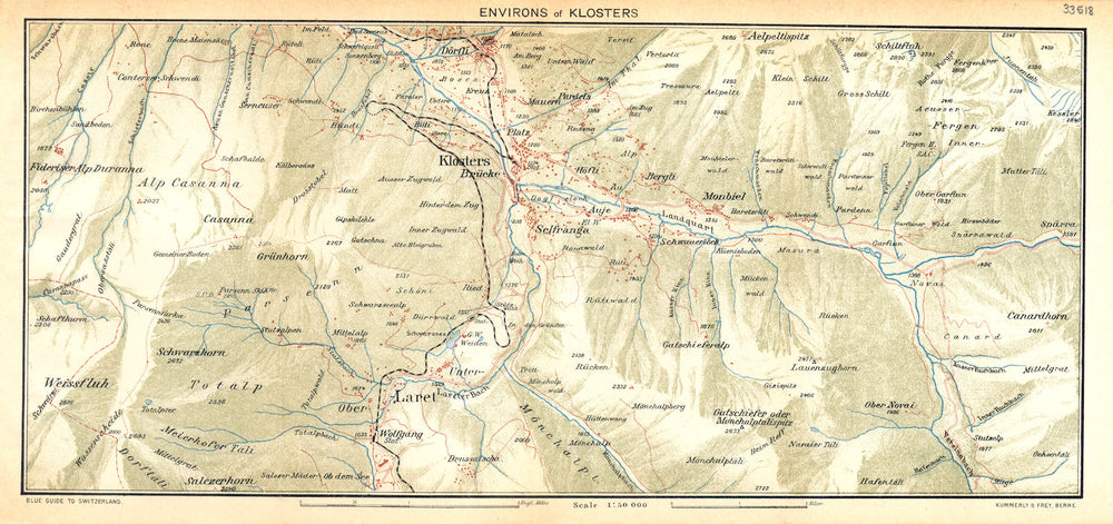 SWITZERLAND. Environs of Klosters 1930 old vintage map plan chart