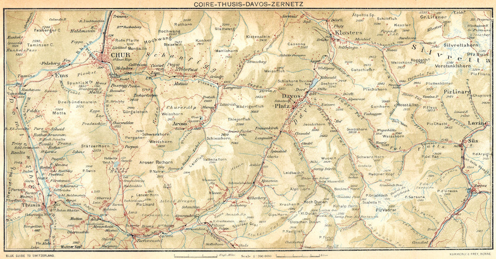 SWITZERLAND. Coire-Thusis-Davos-Zernetz 1930 old vintage map plan chart