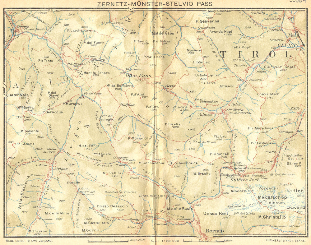 SWITZERLAND. Zernetz-Munster-Stelvio Pass 1930 old vintage map plan chart