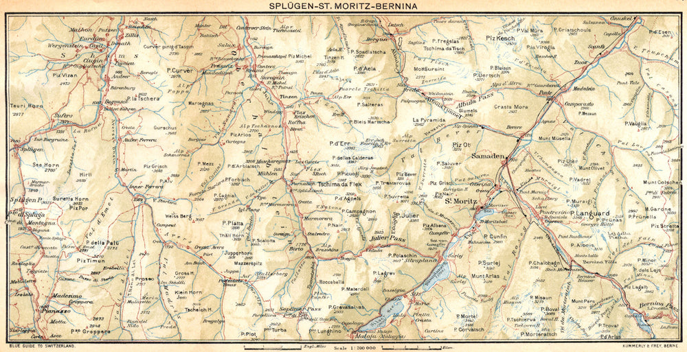 SWITZERLAND. Splugen-St Moritz-Bernina 1930 old vintage map plan chart