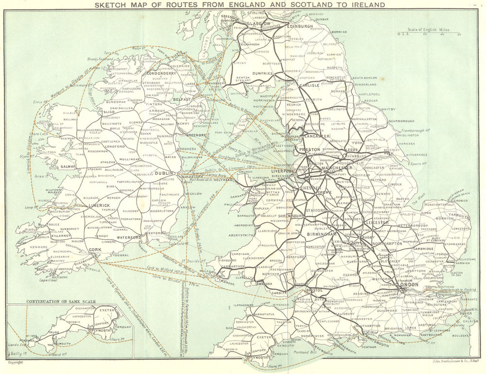 BRITISH ISLES. Sketch map of routes from England & Scotland to Ireland 1906