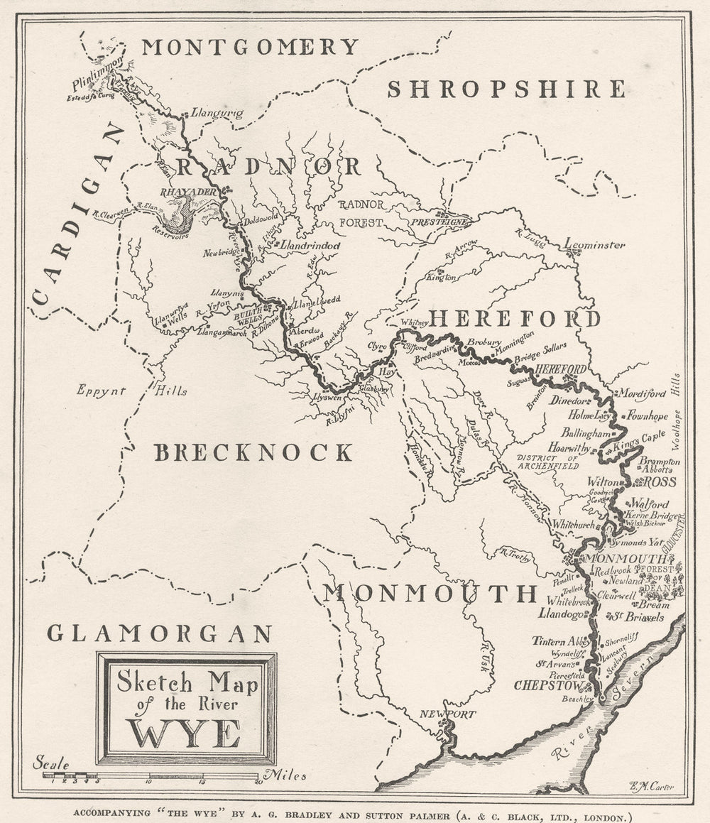WALES. Sketch Map of the River Wye 1926 old vintage plan chart