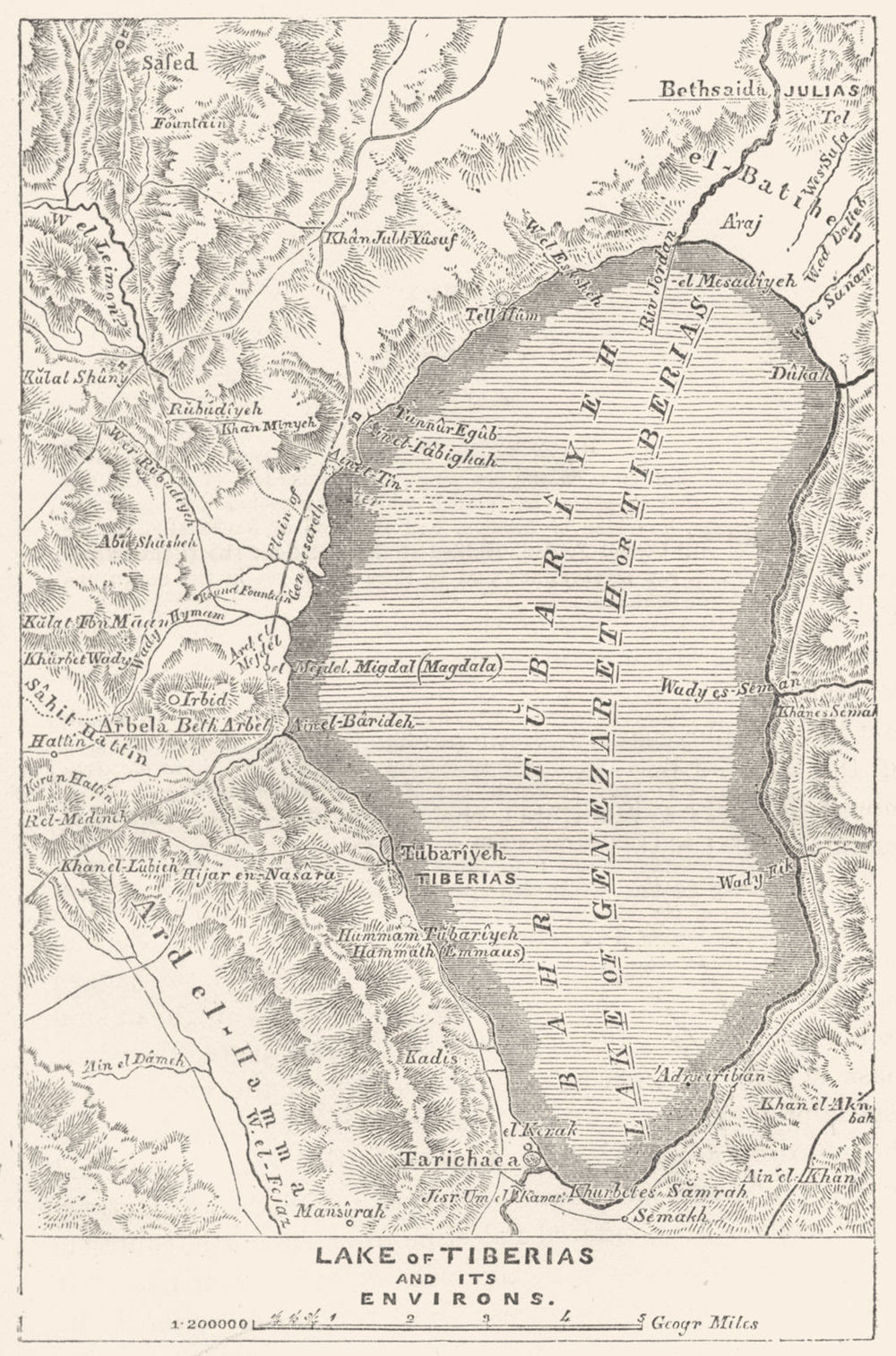 ISRAEL. Lake of Tiberias and Its Environs 1883 old antique map plan chart