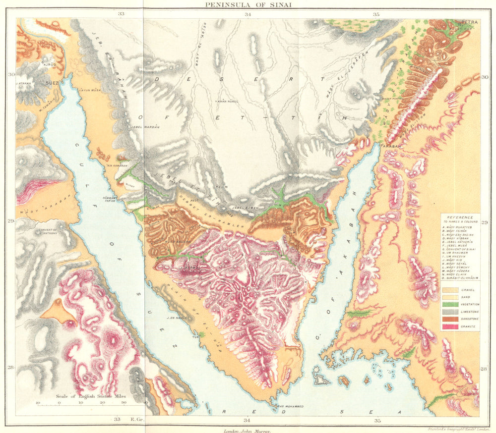 EGYPT. Peninsula of Sinai geological 1883 old antique vintage map plan chart