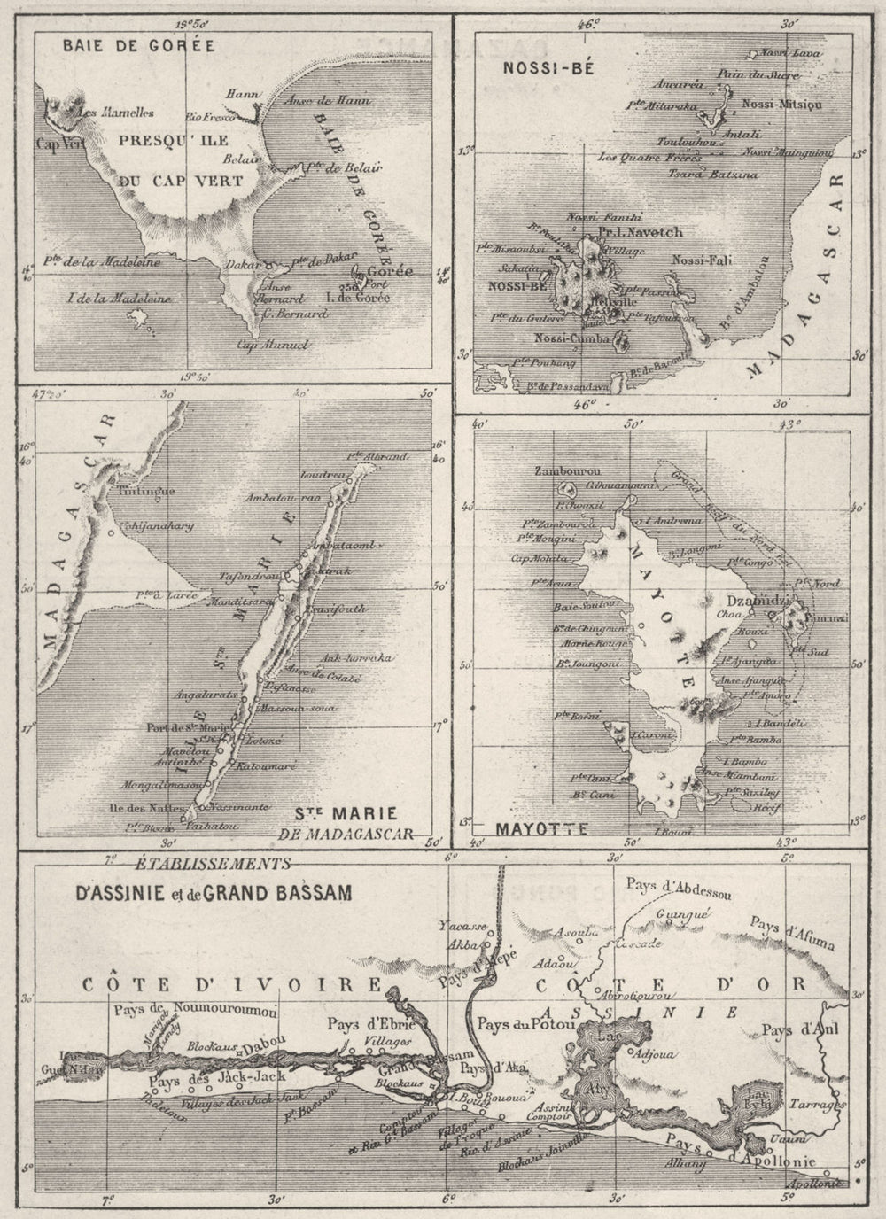 MADAGASCAR. Nossi-Be, Mayotte, Baie Goree, Ste Marie, D'Assinie Bassam 1878 map