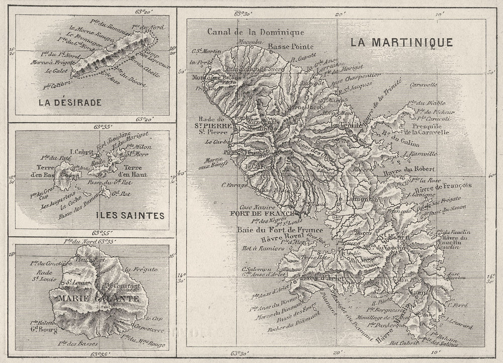 WEST INDIES. Martinique, Marie-Galante, Desirade, Iles Saintes 1878 old map