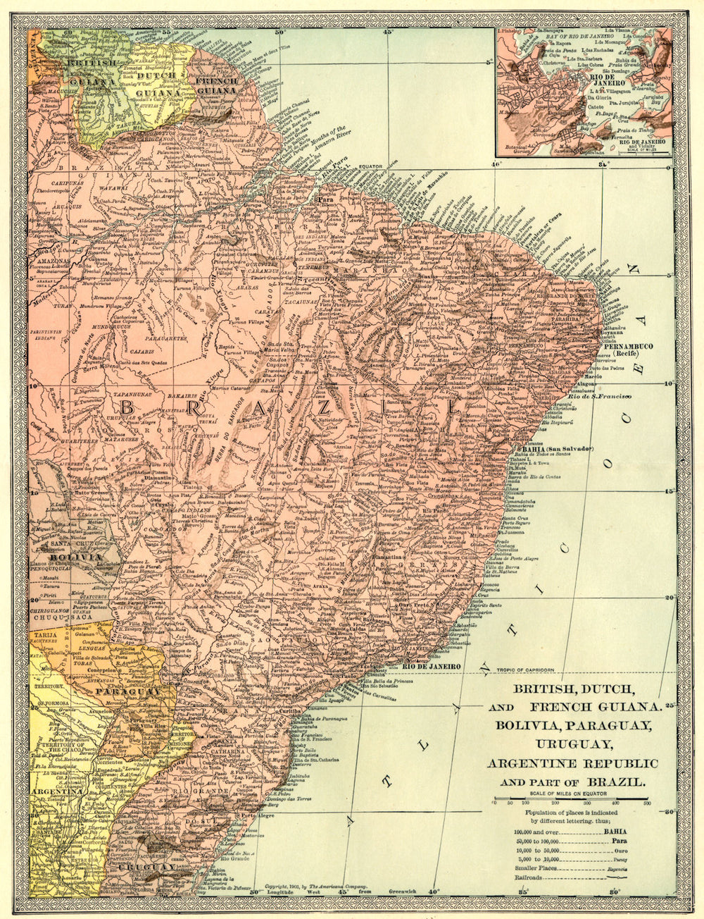 BRAZIL & THE GUIANAS. British Dutch French Guiana.Rio De Janeiro 1907 old map