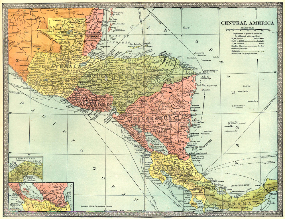 CENTRAL AMERICA. British Honduras Panama Nicaragua Canal Guatemala 1907 map