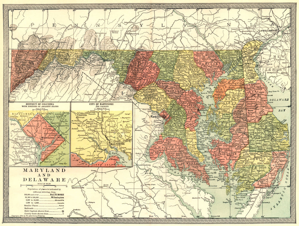 MARYLAND & DELAWARE state map. District of Columbia. Baltimore environs 1907