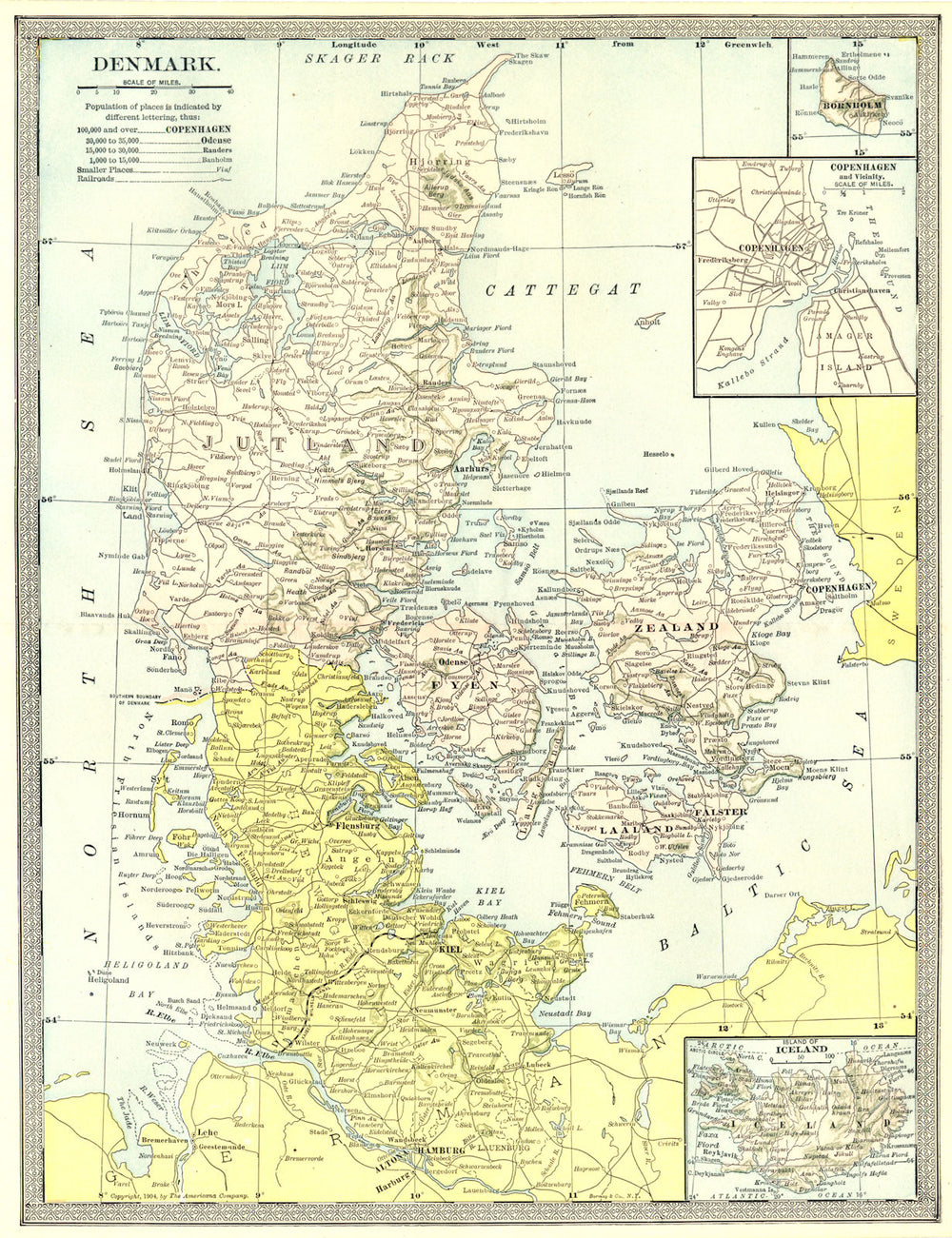 DENMARK. Bornholm. Copenhagen environs. Iceland 1907 old antique map chart