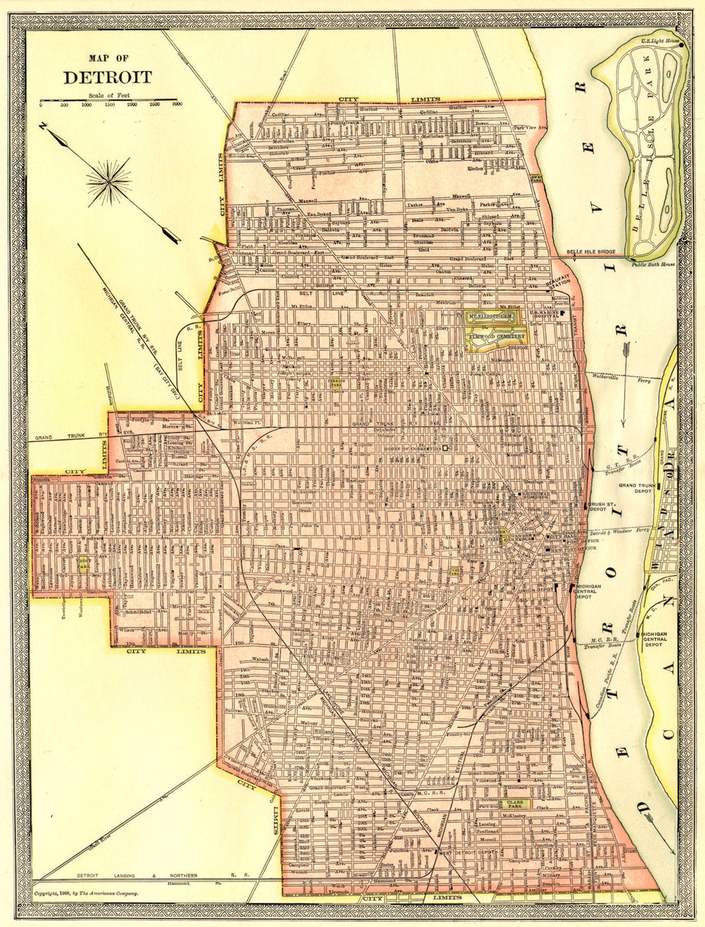 DETROIT town/city plan. Michigan 1907 old antique vintage map chart