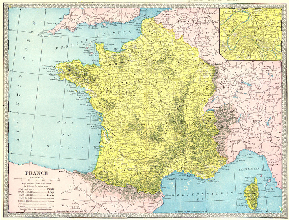FRANCE without Alsace & Lorraine. Paris environs 1907 old antique map chart