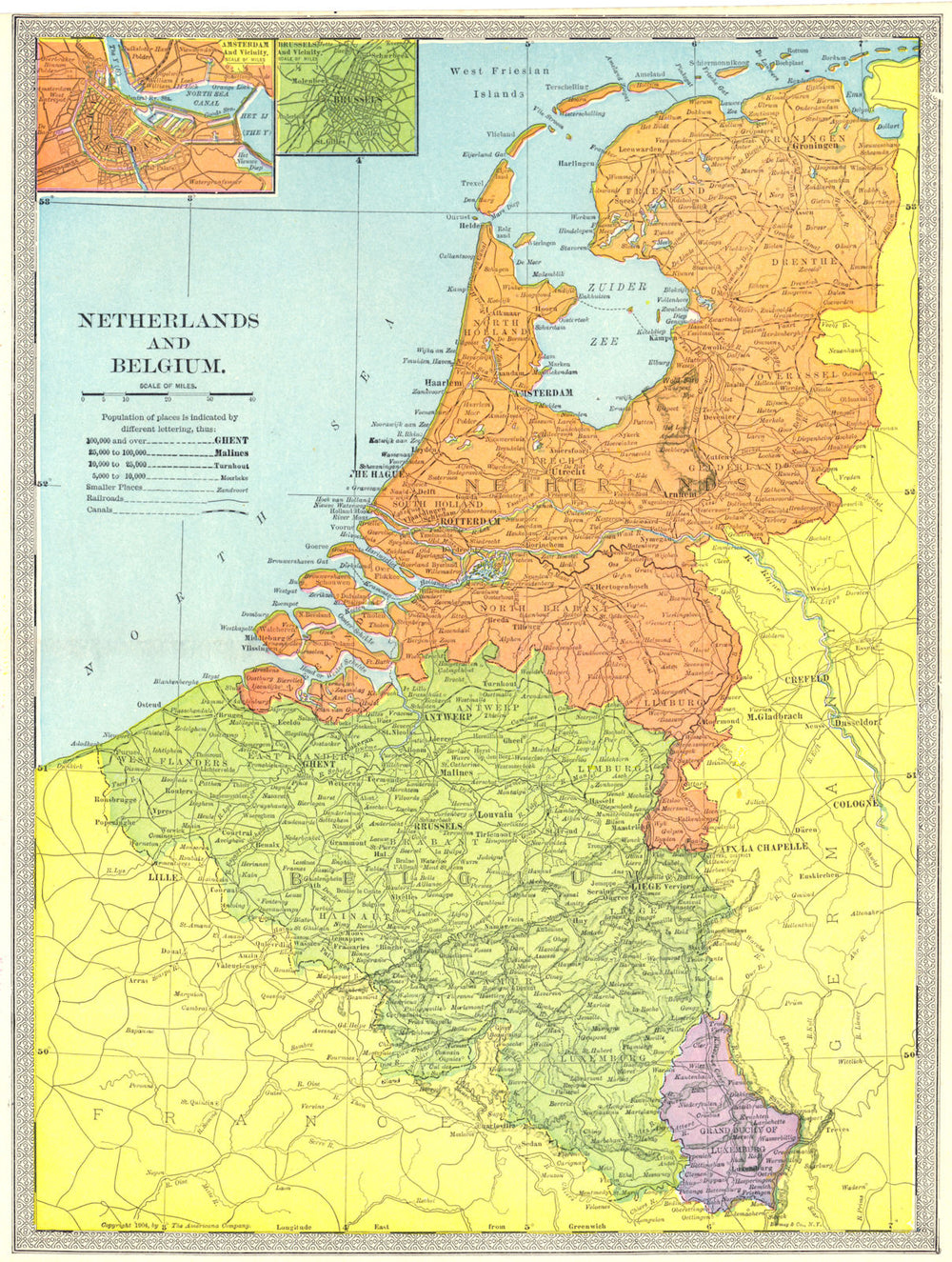 NETHERLANDS BELGIUM LUXEMBOURG. Amsterdam & Brussels inset 1907 old map