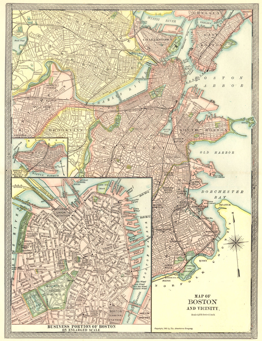 BOSTON town/city plan. Downtown CBD. Breed's Island. Massachusetts 1907 map