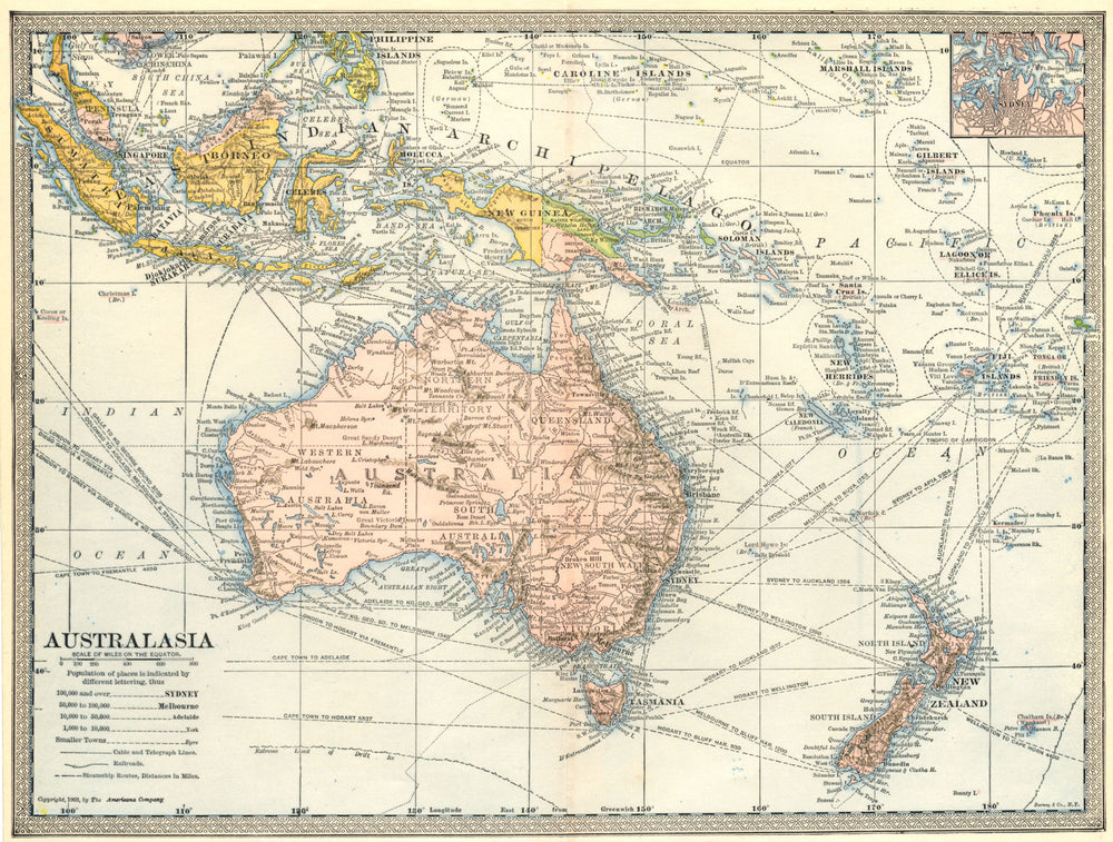 AUSTRALASIA. Australia New Zealand East Indies Steamship routes. Sydney 1907 map