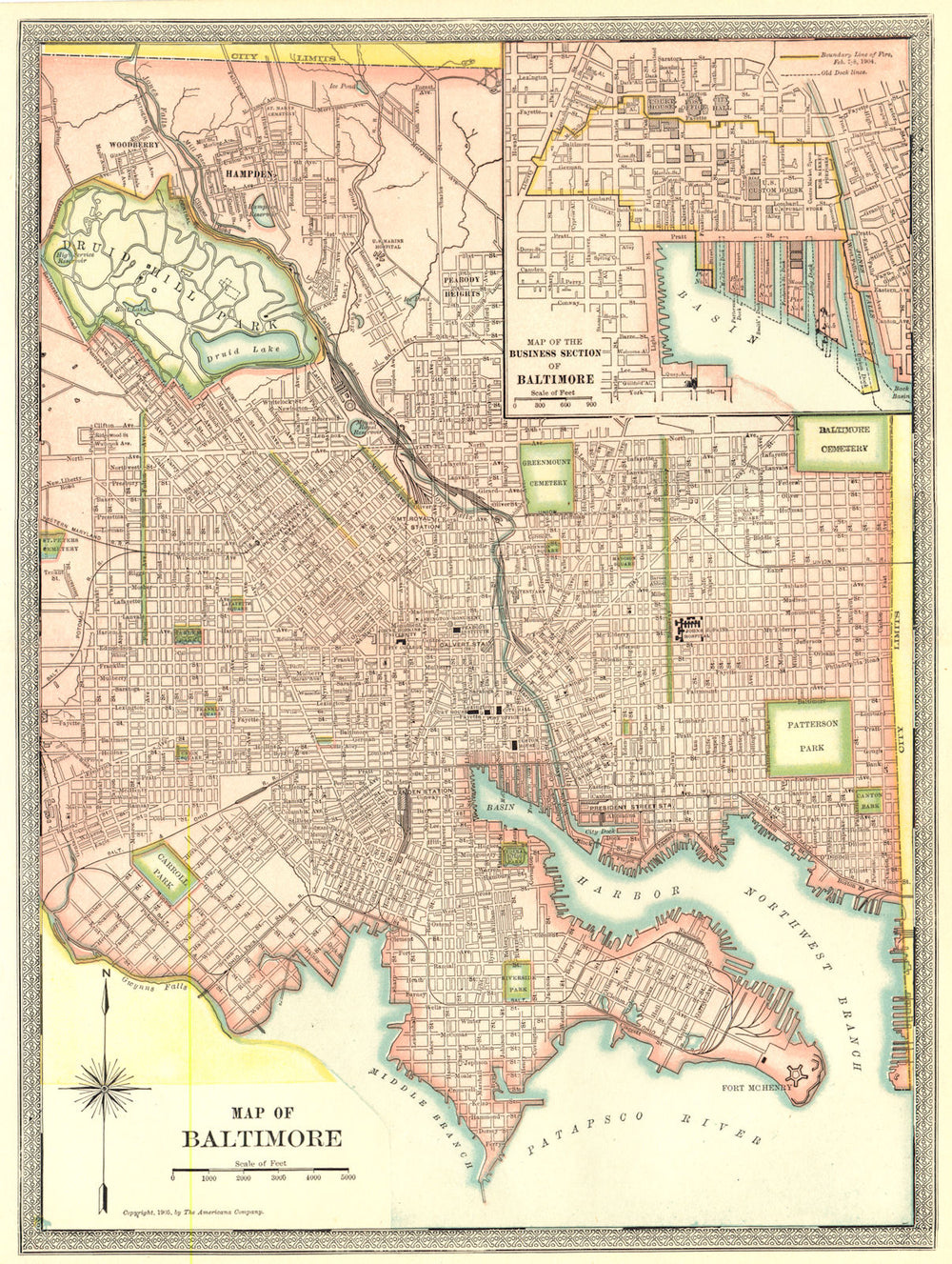 BALTIMORE town/city plan. CBD. Maryland 1907 old antique map chart