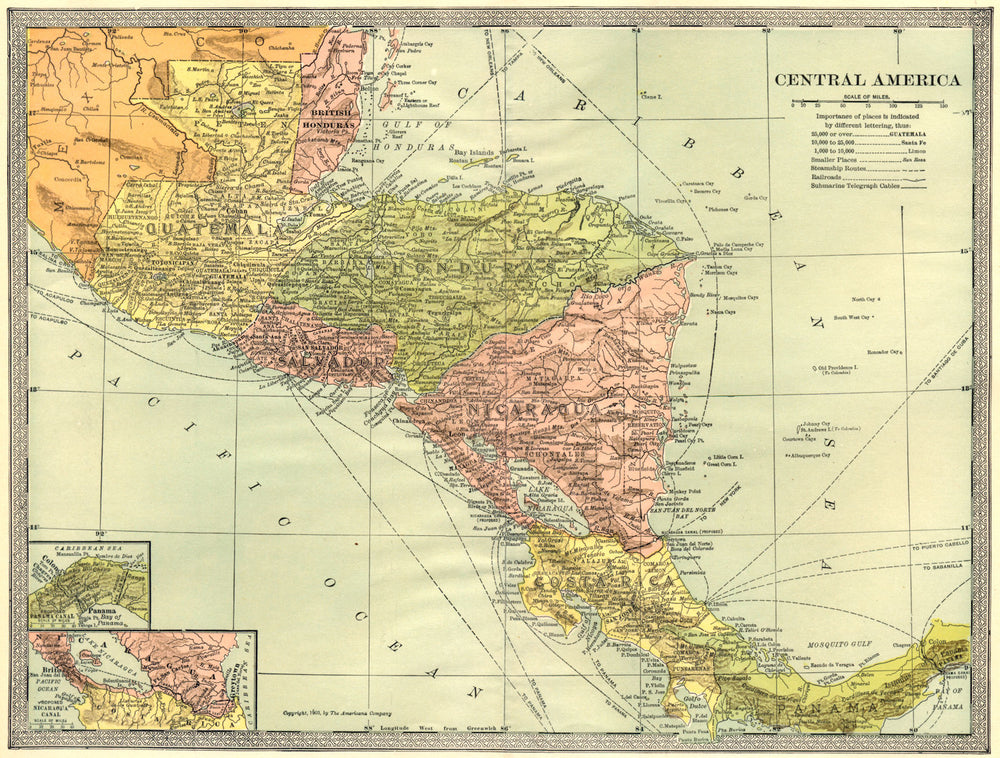 CENTRAL AMERICA British Honduras Panama Nicaragua Canal Guatemala 1907 old map