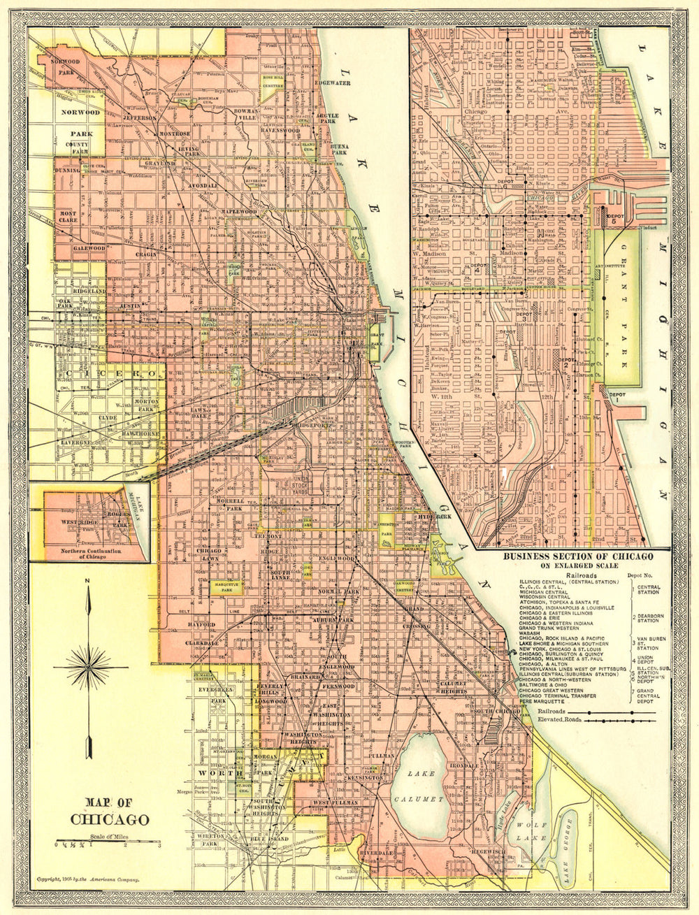 CHICAGO town/city plan. Downtown Loop. Illinois 1907 old antique map chart