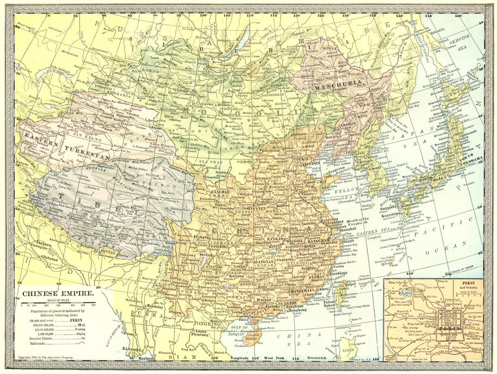 CHINESE EMPIRE. Manchuria Eastern Turkestan Tibet. Peking/Beijing inset 1907 map