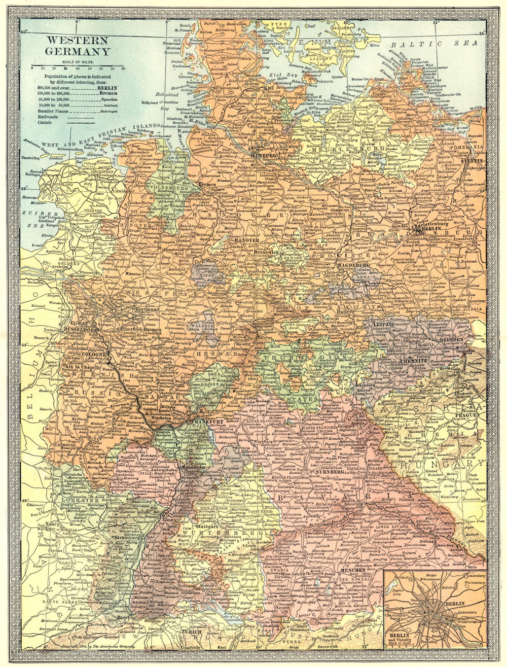 WESTERN GERMANY. Berlin environs inset. Prussia 1907 old antique map chart