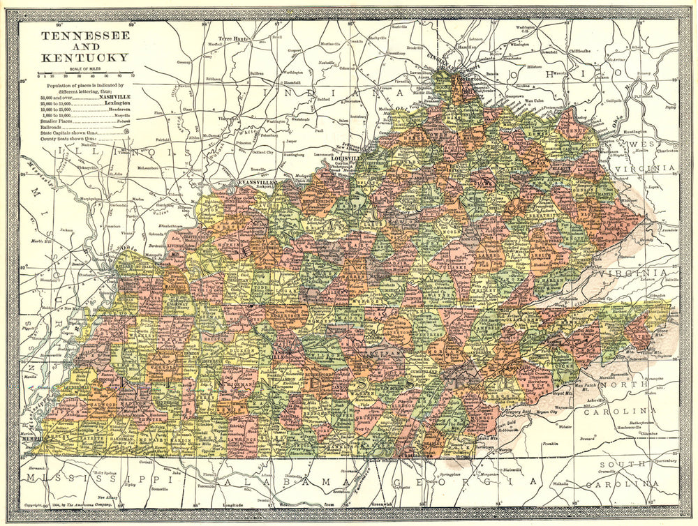 TENNESSEE and KENTUCKY state map. Counties 1907 old antique plan chart
