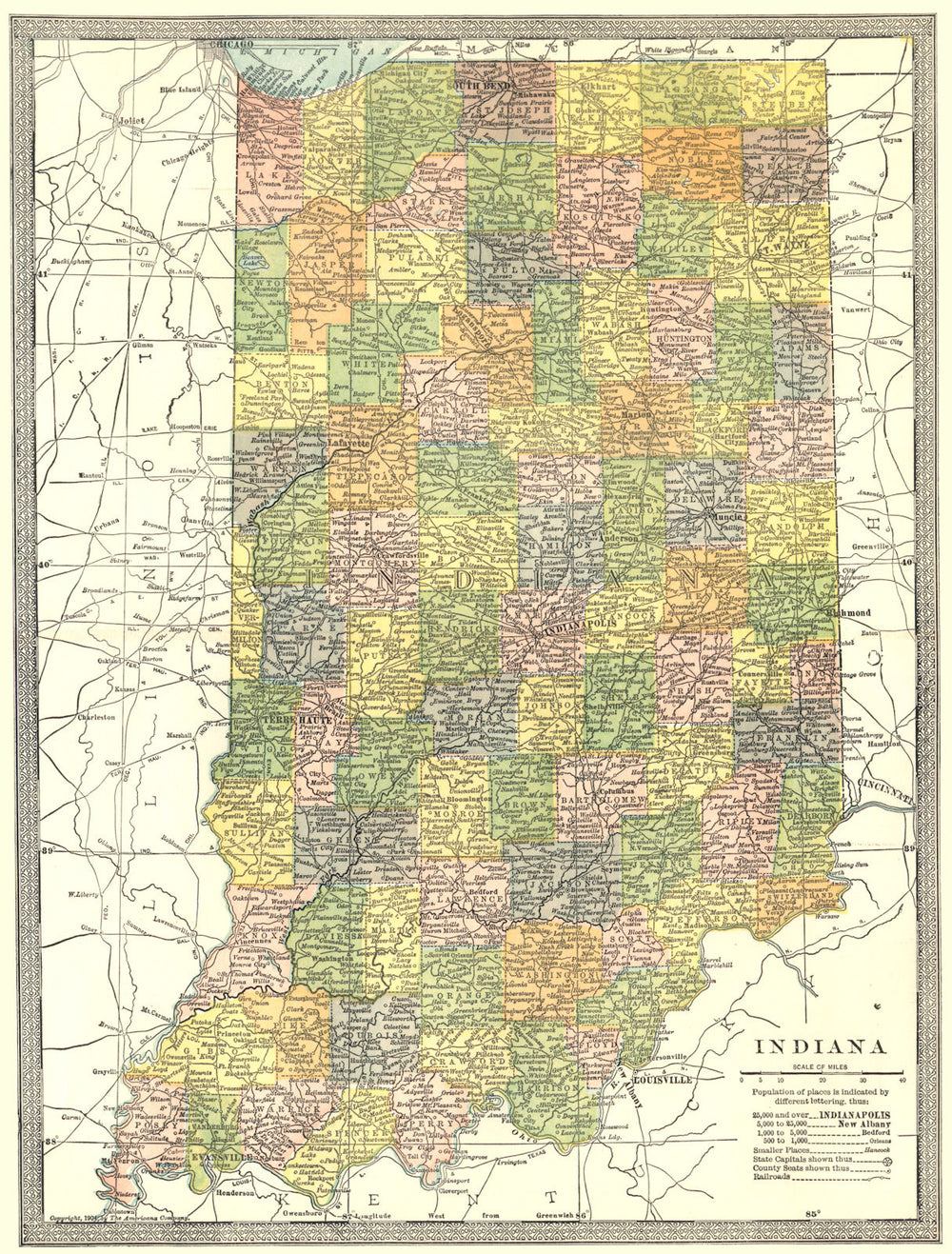 INDIANA state map. Counties 1907 old antique vintage plan chart